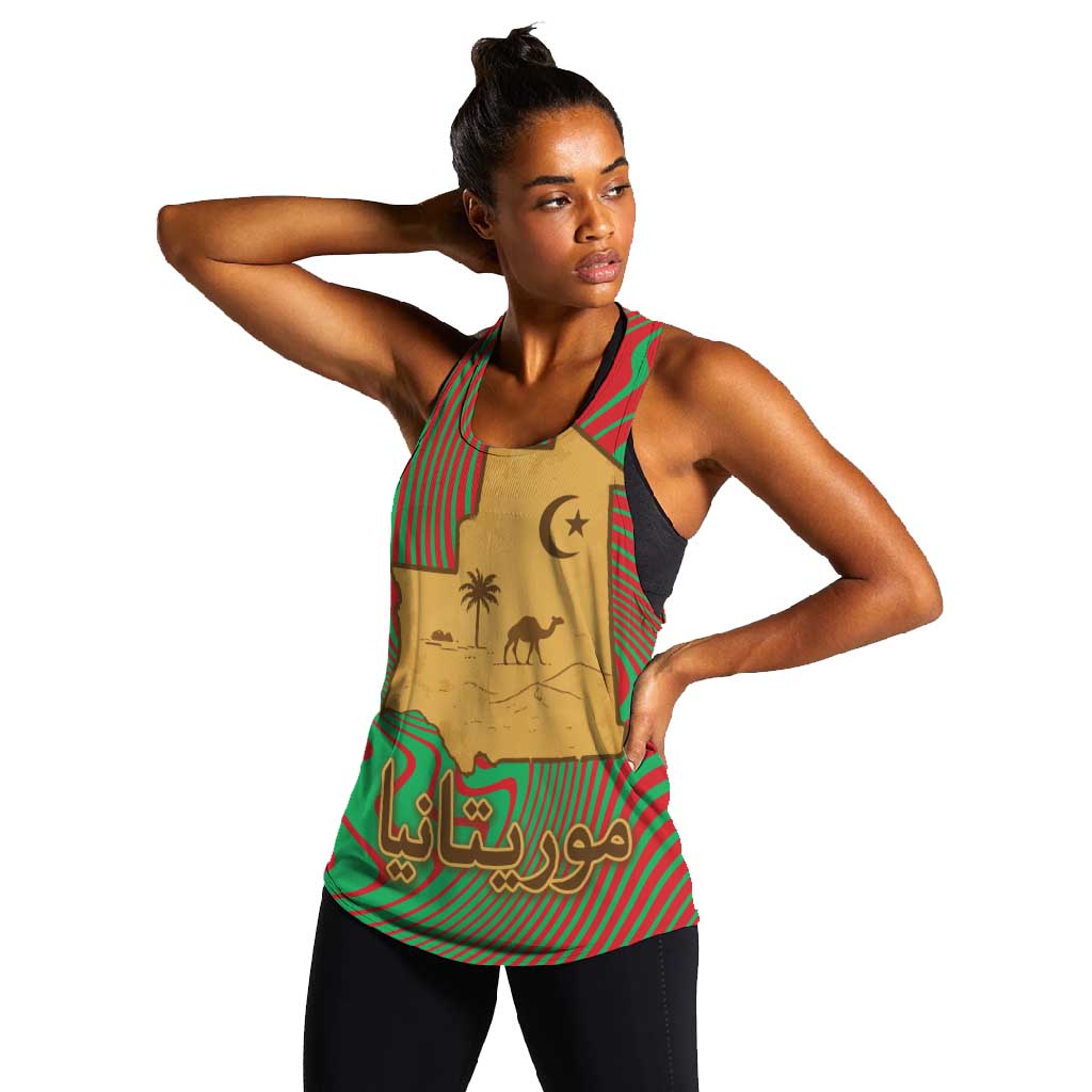 Mauritania Women Racerback Tank - Desert Camel Crescent Moon and Palm Tree Graphic in Red Green Gold Pattern