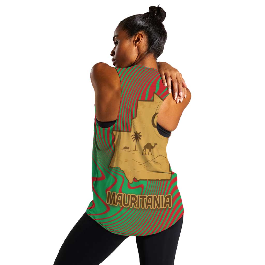 Mauritania Women Racerback Tank - Desert Camel Crescent Moon and Palm Tree Graphic in Red Green Gold Pattern