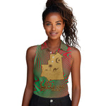 Mauritania Women Sleeveless Polo Shirt - Desert Camel Crescent Moon and Palm Tree Graphic in Red Green Gold Pattern