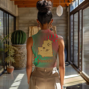 Mauritania Women Sleeveless Polo Shirt - Desert Camel Crescent Moon and Palm Tree Graphic in Red Green Gold Pattern