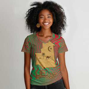 Mauritania Women V-Neck T-Shirt - Desert Camel Crescent Moon and Palm Tree Graphic in Red Green Gold Pattern