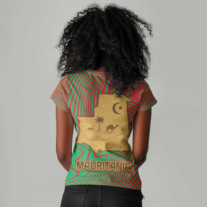 Mauritania Women V-Neck T-Shirt - Desert Camel Crescent Moon and Palm Tree Graphic in Red Green Gold Pattern