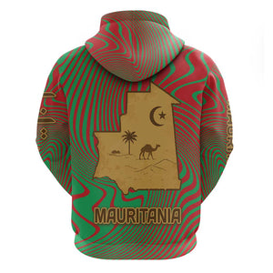 Mauritania Zip Hoodie - Desert Camel Crescent Moon and Palm Tree Graphic in Red Green Gold Pattern