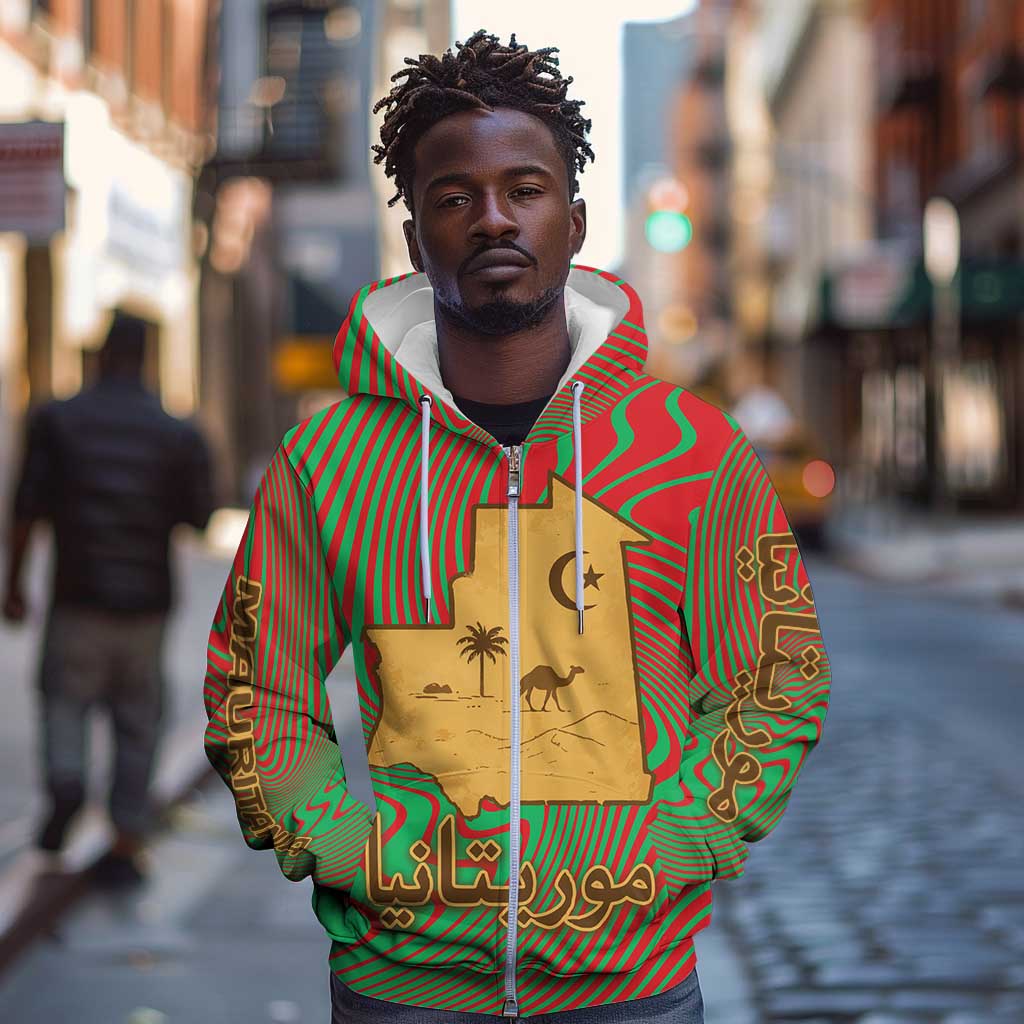 Mauritania Zip Hoodie - Desert Camel Crescent Moon and Palm Tree Graphic in Red Green Gold Pattern