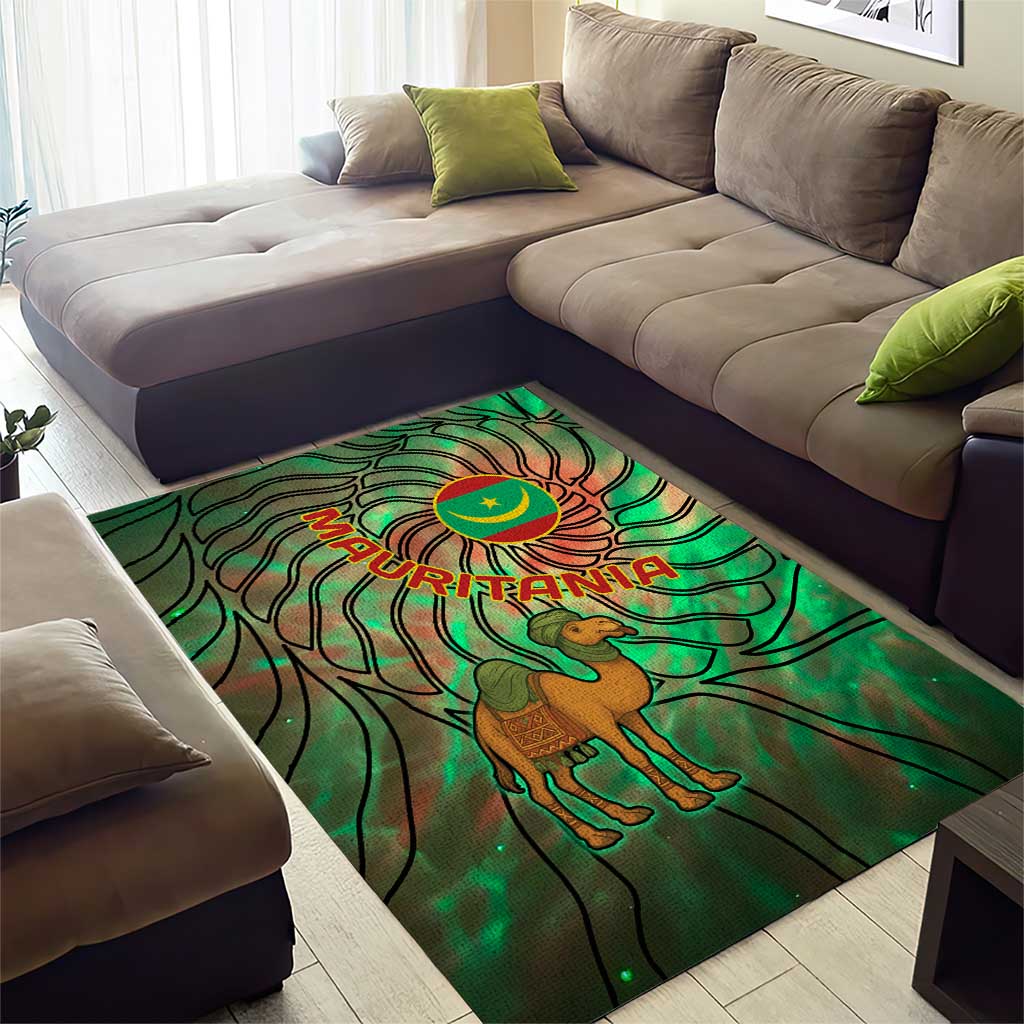 Mauritania Area Rug - Green Tie Dye Camel and Crescent Moon Flag Design