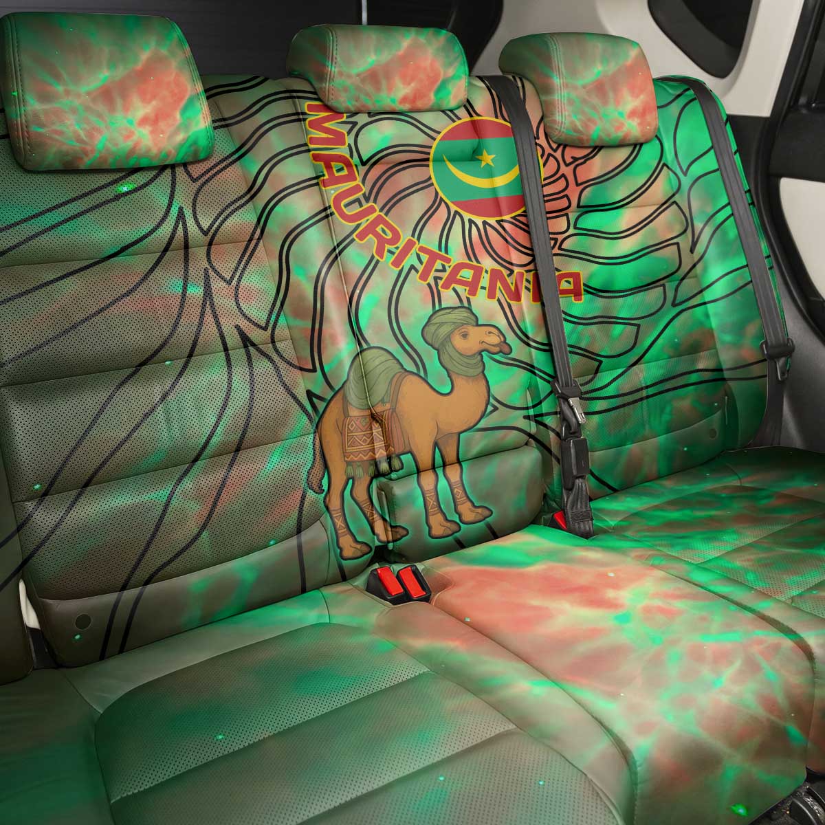 Mauritania Back Car Seat Cover - Green Tie Dye Camel and Crescent Moon Flag Design