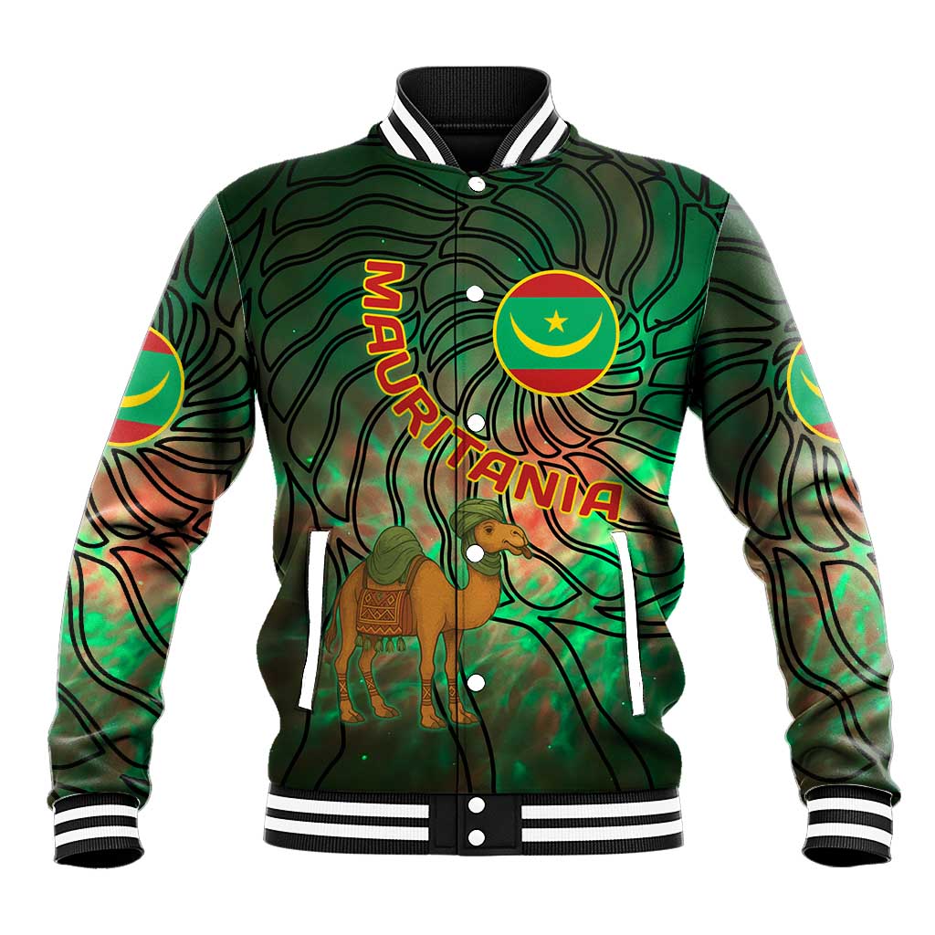 Mauritania Baseball Jacket - Green Tie Dye Camel and Crescent Moon Flag Design