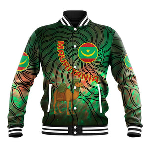 Mauritania Baseball Jacket - Green Tie Dye Camel and Crescent Moon Flag Design