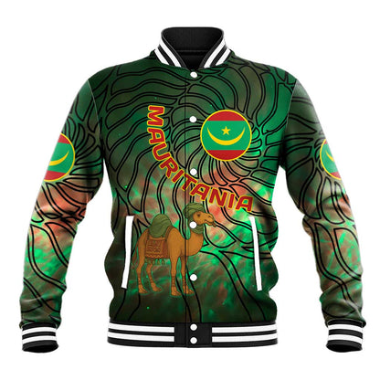 Mauritania Baseball Jacket - Green Tie Dye Camel and Crescent Moon Flag Design