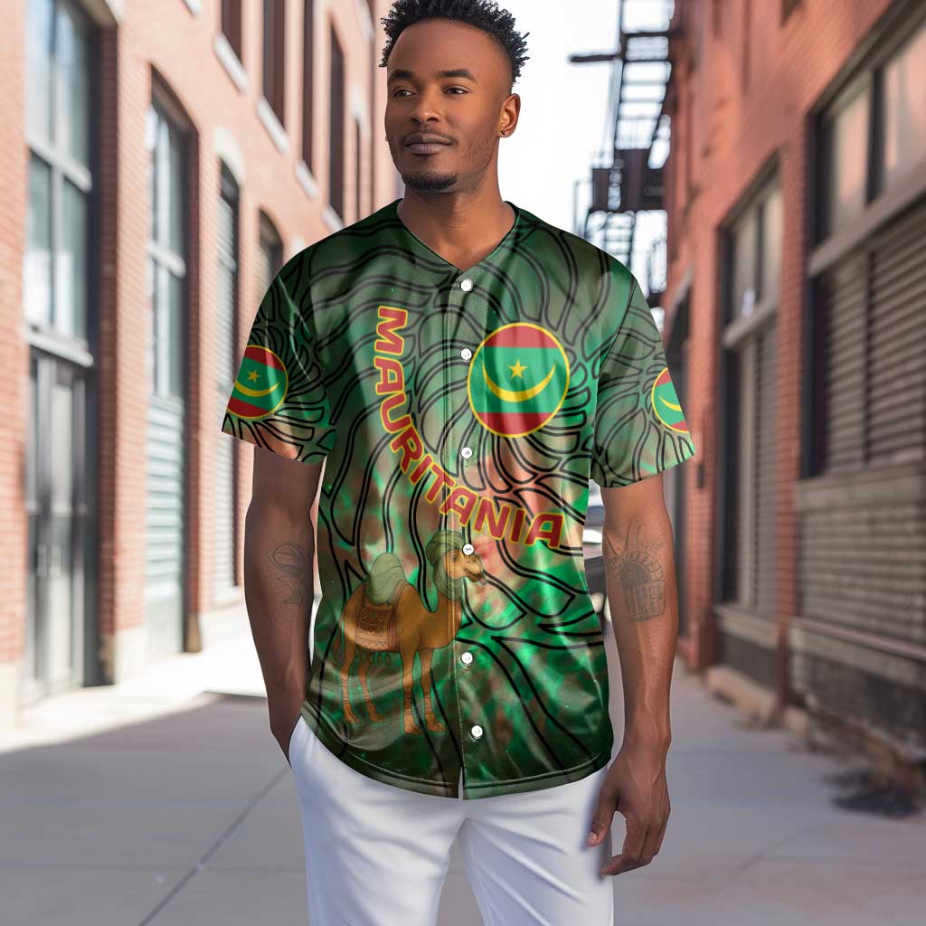 Mauritania Baseball Jersey - Green Tie Dye Camel and Crescent Moon Flag Design