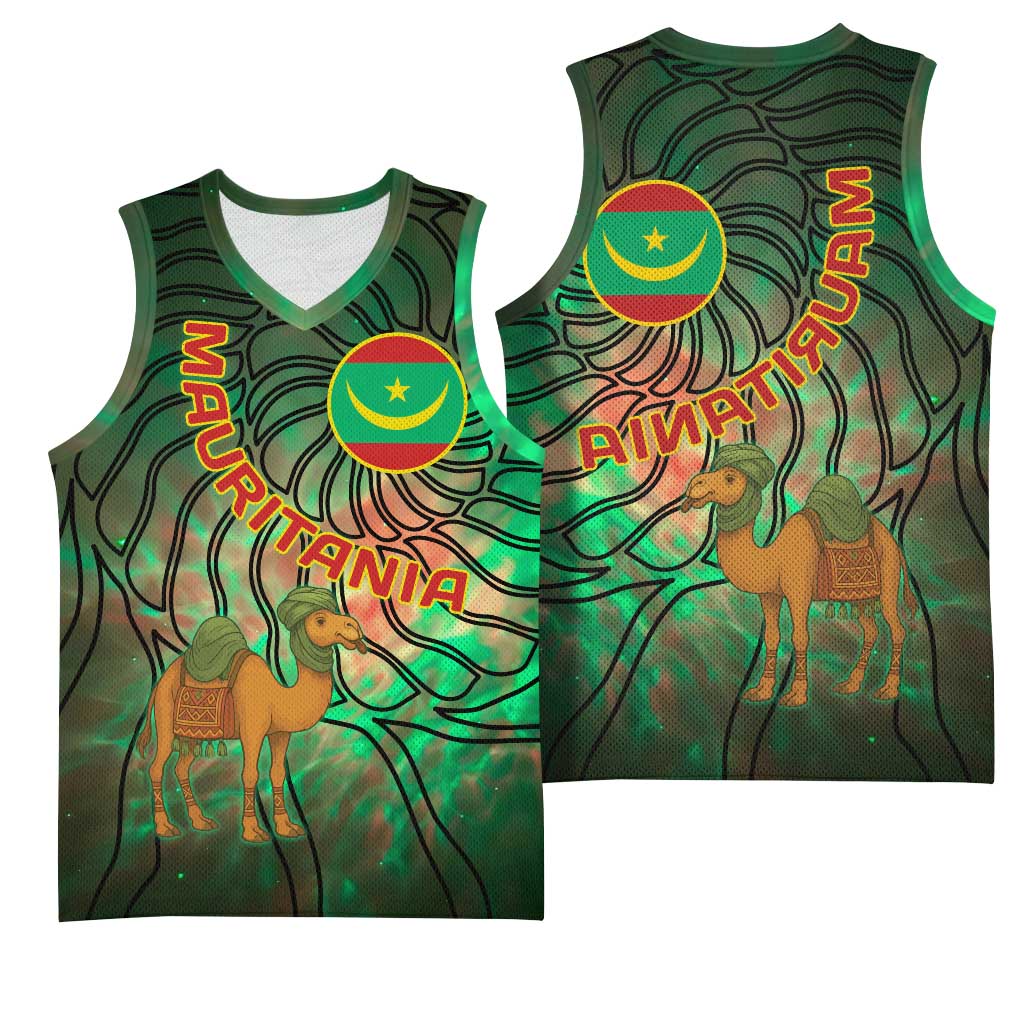 Mauritania Basketball Jersey - Green Tie Dye Camel and Crescent Moon Flag Design - African Pride