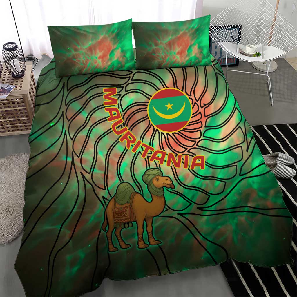 Mauritania Bedding Set - Green Tie Dye Camel and Crescent Moon Flag Design