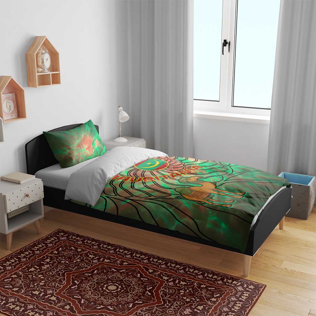 Mauritania Bedding Set - Green Tie Dye Camel and Crescent Moon Flag Design