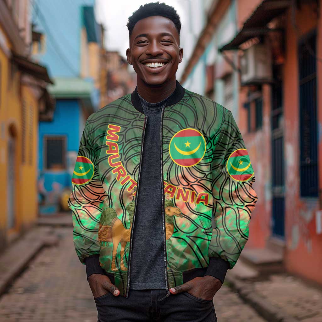 Mauritania Bomber Jacket - Green Tie Dye Camel and Crescent Moon Flag Design
