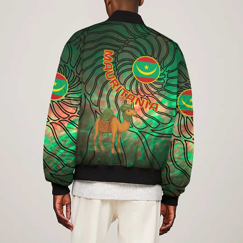 Mauritania Bomber Jacket - Green Tie Dye Camel and Crescent Moon Flag Design