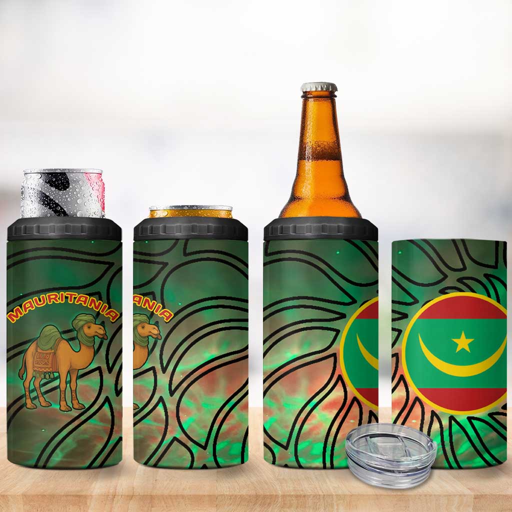 Mauritania 4 in 1 Can Cooler Tumbler - Green Tie Dye Camel and Crescent Moon Flag Design