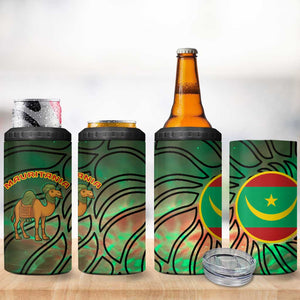 Mauritania 4 in 1 Can Cooler Tumbler - Green Tie Dye Camel and Crescent Moon Flag Design