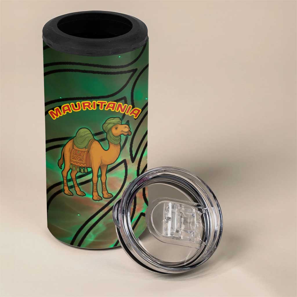 Mauritania 4 in 1 Can Cooler Tumbler - Green Tie Dye Camel and Crescent Moon Flag Design