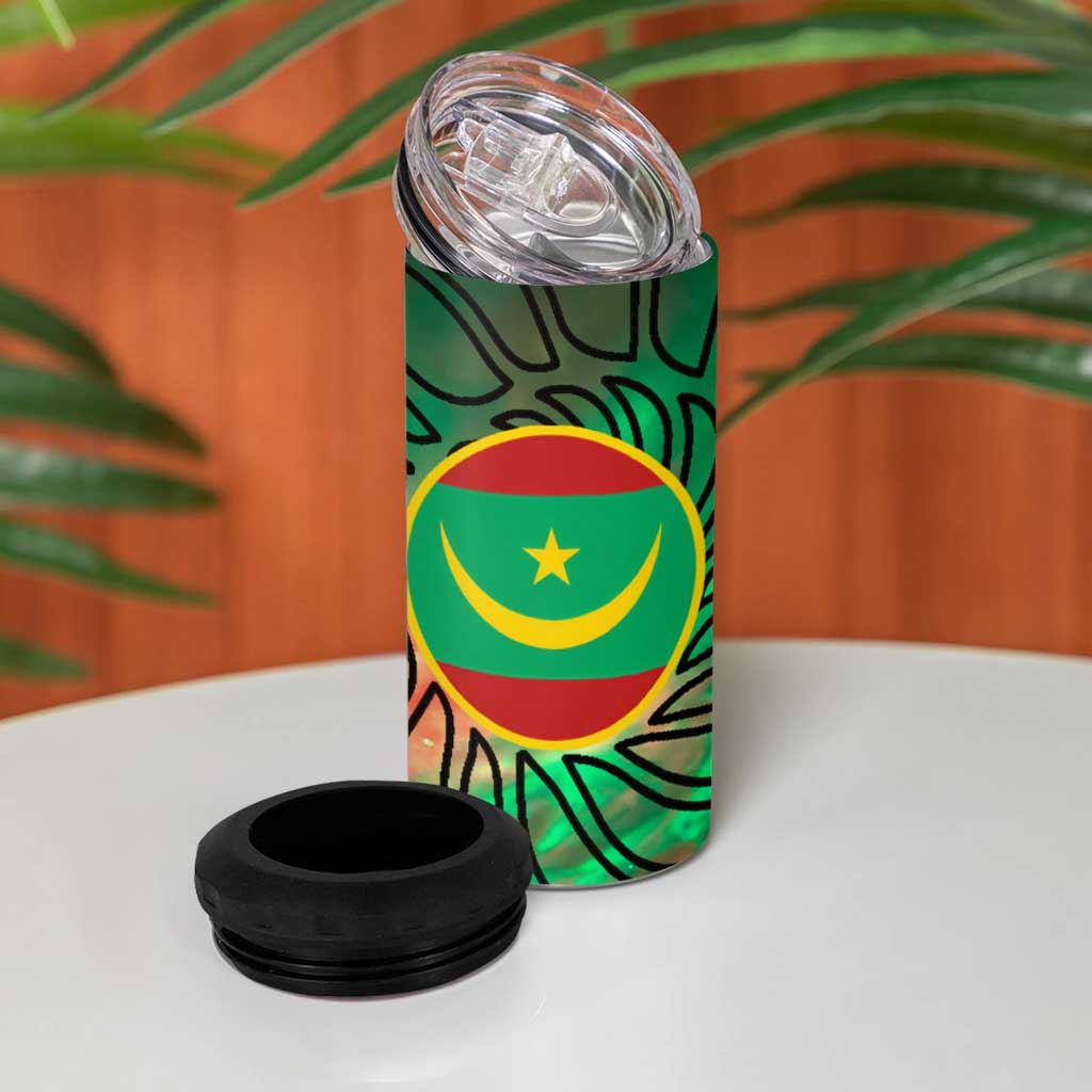 Mauritania 4 in 1 Can Cooler Tumbler - Green Tie Dye Camel and Crescent Moon Flag Design
