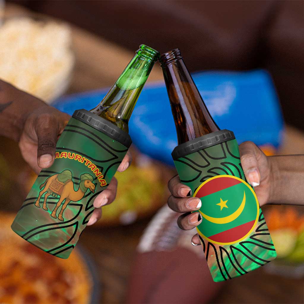 Mauritania 4 in 1 Can Cooler Tumbler - Green Tie Dye Camel and Crescent Moon Flag Design