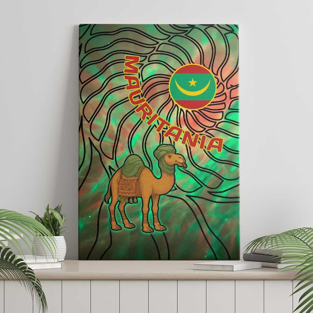 Mauritania Canvas Wall Art - Green Tie Dye Camel and Crescent Moon Flag Design