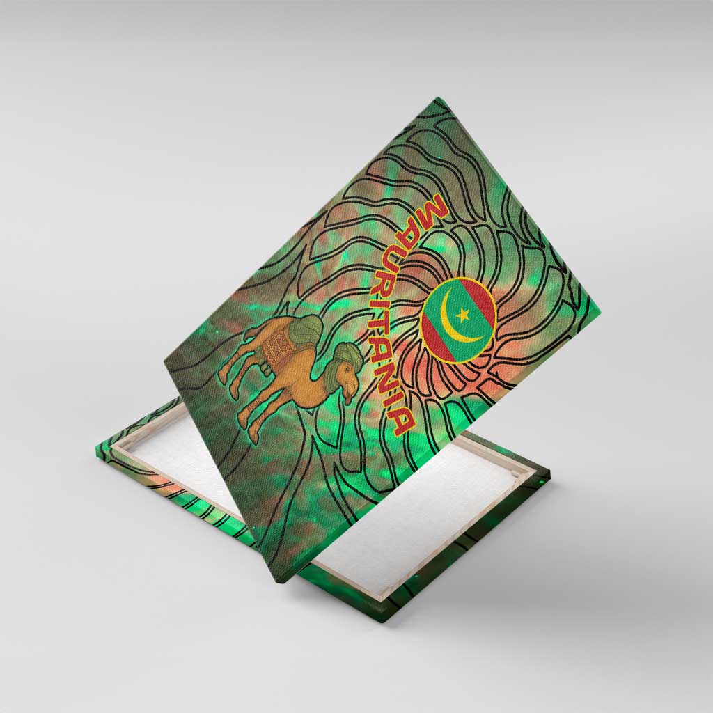 Mauritania Canvas Wall Art - Green Tie Dye Camel and Crescent Moon Flag Design