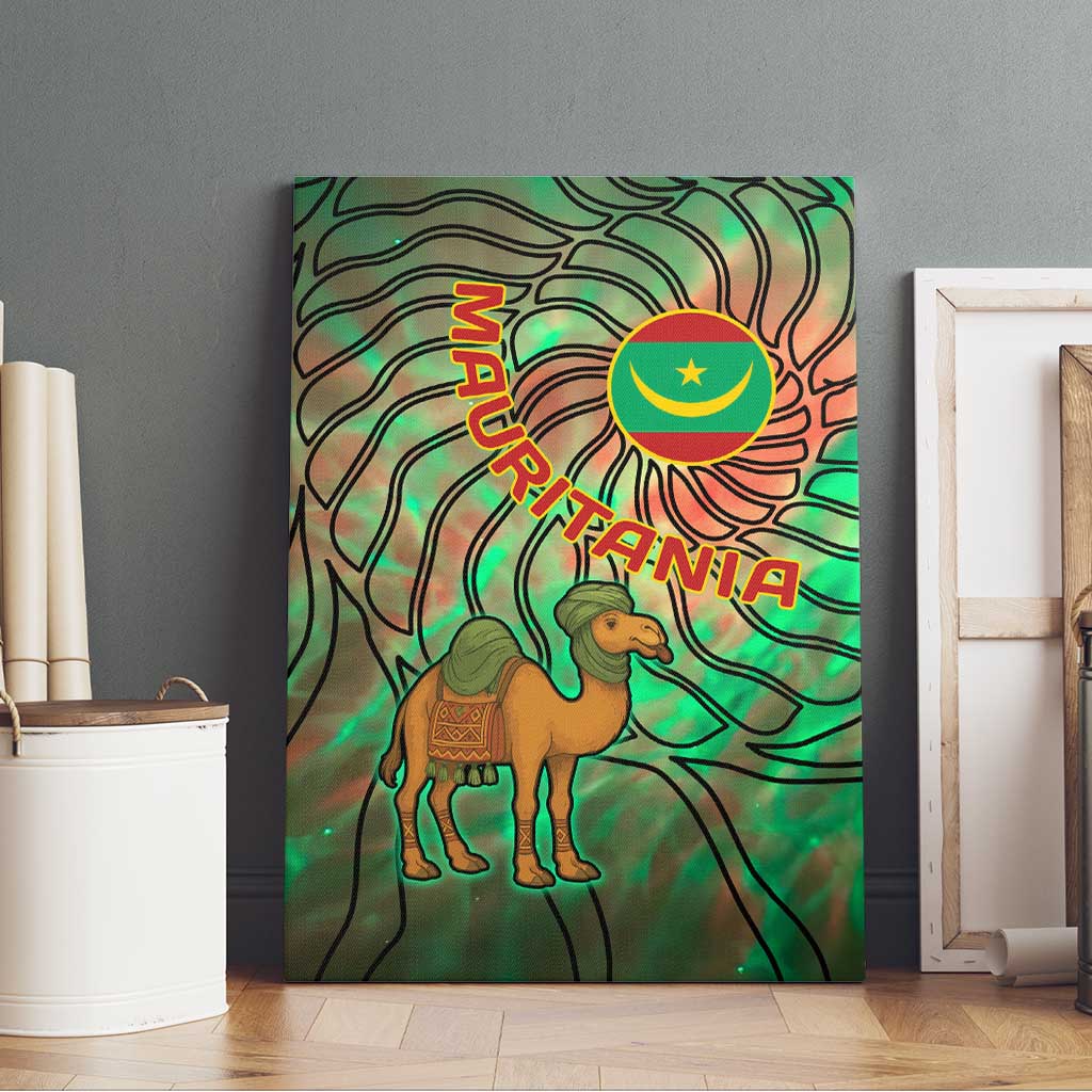 Mauritania Canvas Wall Art - Green Tie Dye Camel and Crescent Moon Flag Design
