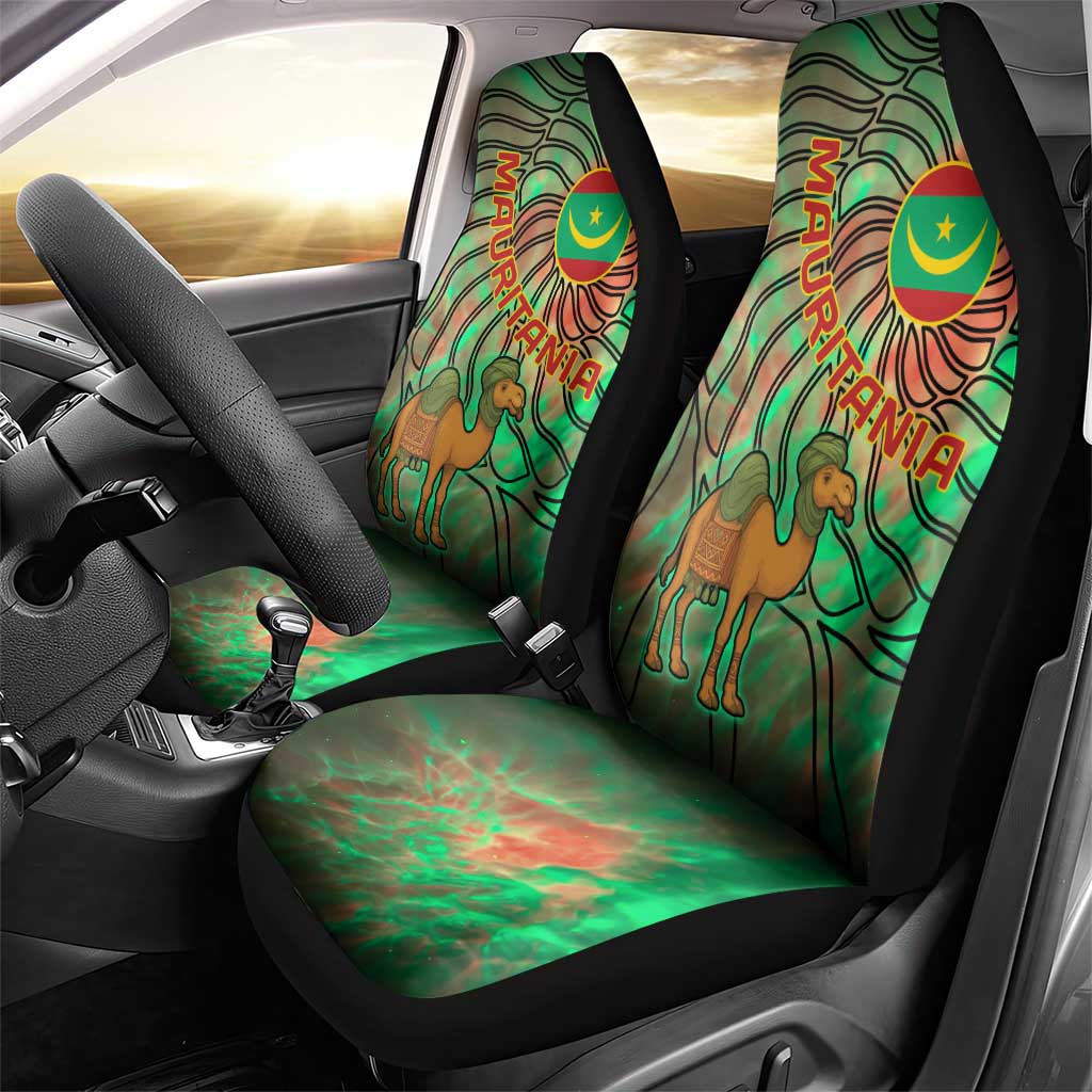 Mauritania Car Seat Cover - Green Tie Dye Camel and Crescent Moon Flag Design