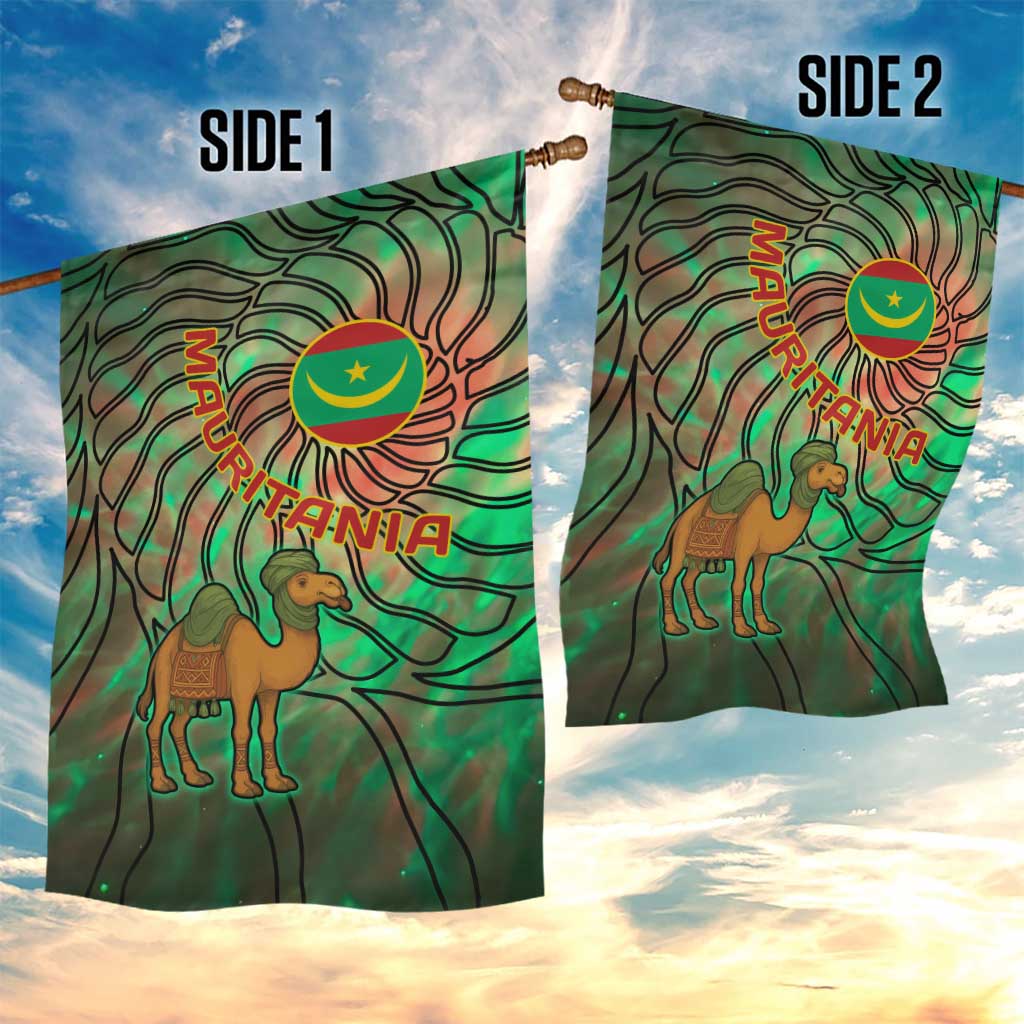 Mauritania Garden Flag - Green Tie Dye Camel and Crescent Moon Flag Design