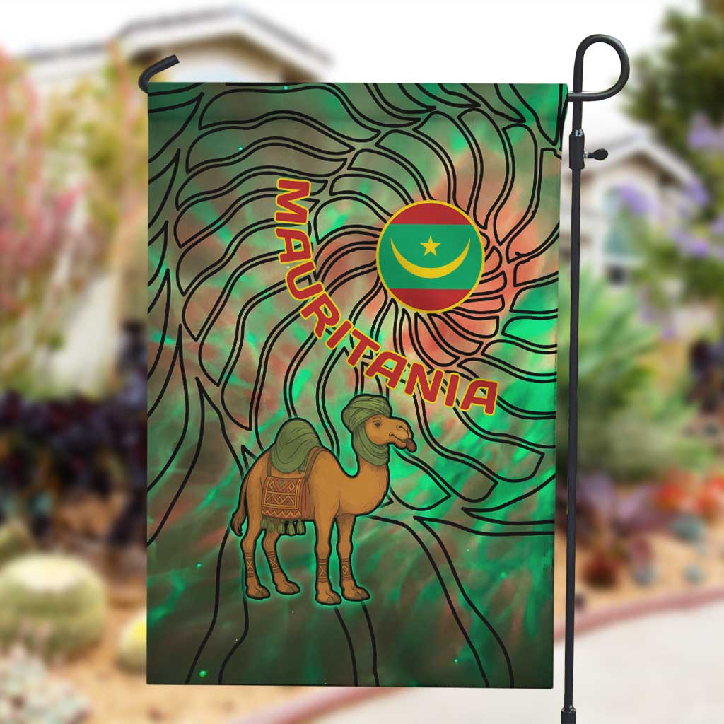 Mauritania Garden Flag - Green Tie Dye Camel and Crescent Moon Flag Design
