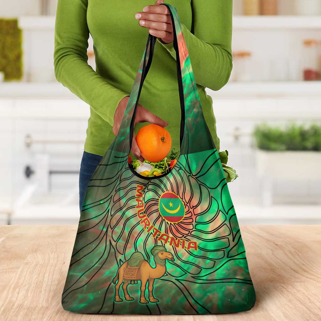 Mauritania Grocery Bag - Green Tie Dye Camel and Crescent Moon Flag Design