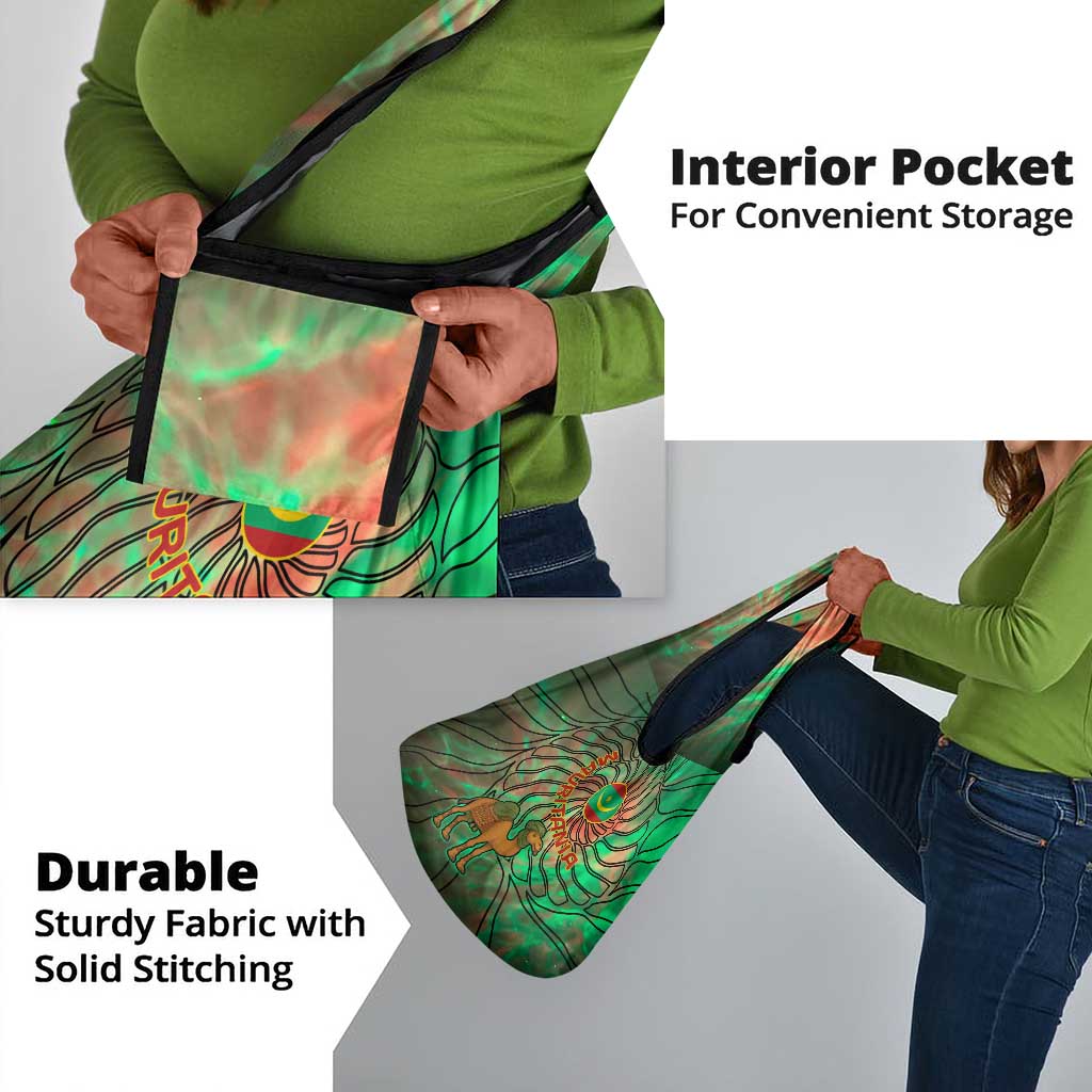Mauritania Grocery Bag - Green Tie Dye Camel and Crescent Moon Flag Design