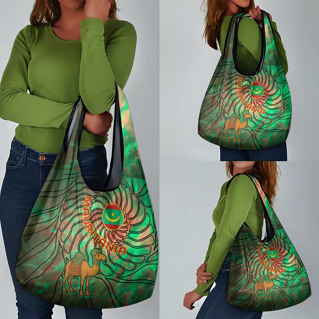 Mauritania Grocery Bag - Green Tie Dye Camel and Crescent Moon Flag Design