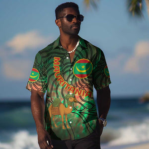 Mauritania Hawaiian Shirt - Green Tie Dye Camel and Crescent Moon Flag Design