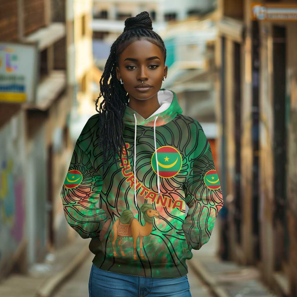 Mauritania Hoodie - Green Tie Dye Camel and Crescent Moon Flag Design