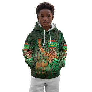 Mauritania Kid Hoodie - Green Tie Dye Camel and Crescent Moon Flag Design