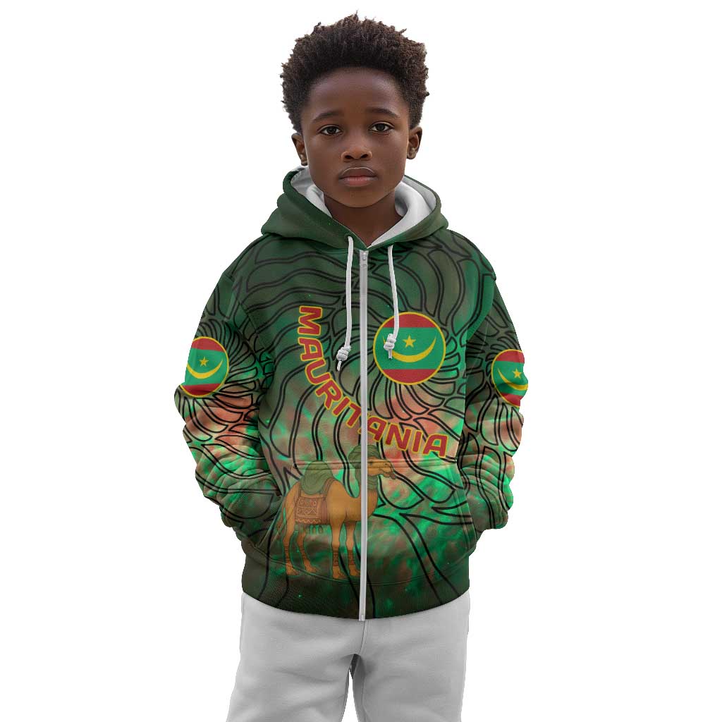 Mauritania Kid Hoodie - Green Tie Dye Camel and Crescent Moon Flag Design