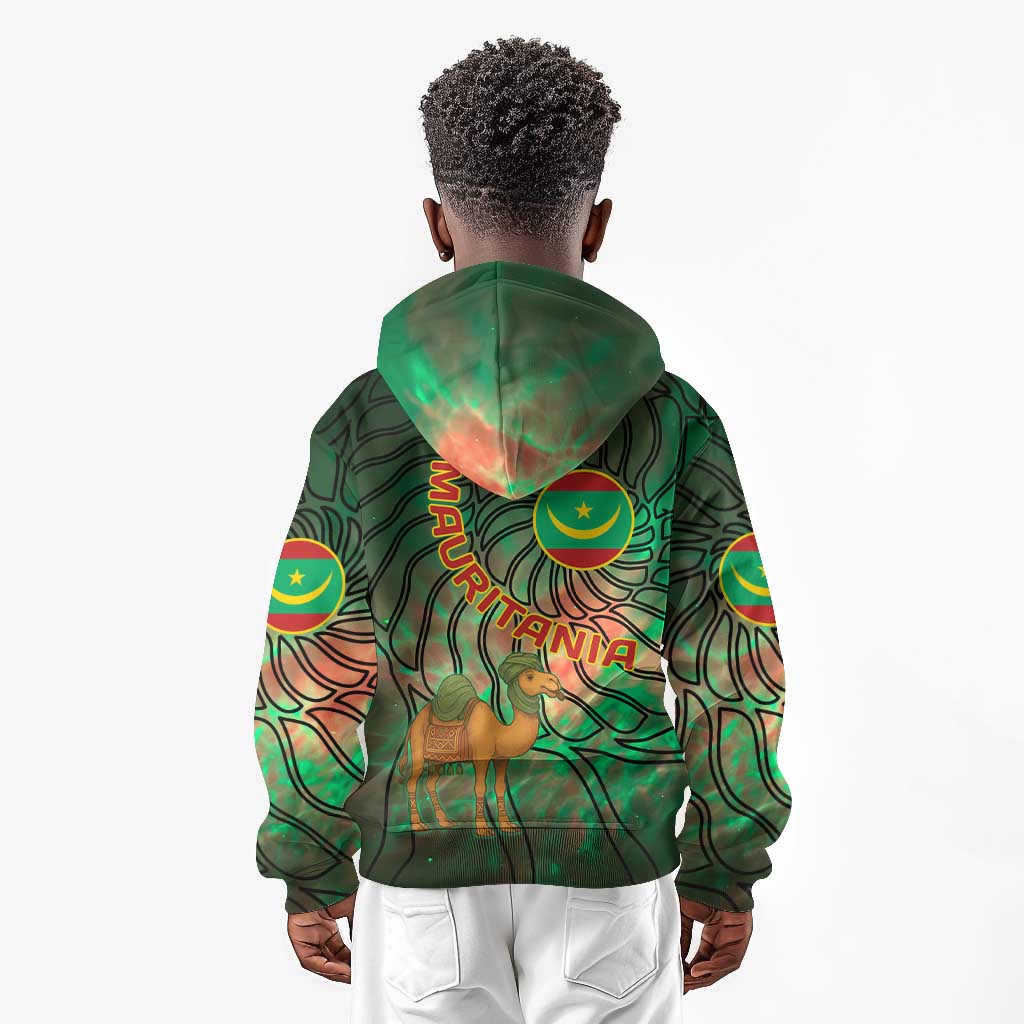 Mauritania Kid Hoodie - Green Tie Dye Camel and Crescent Moon Flag Design