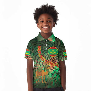 Mauritania Kid Polo Shirt - Green Tie Dye Camel and Crescent Moon Flag Design