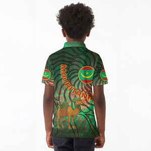 Mauritania Kid Polo Shirt - Green Tie Dye Camel and Crescent Moon Flag Design