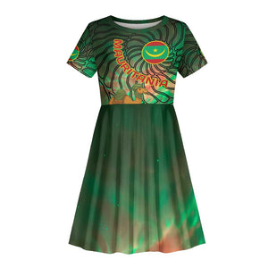 Mauritania Kid Short Sleeve Dress - Green Tie Dye Camel and Crescent Moon Flag Design