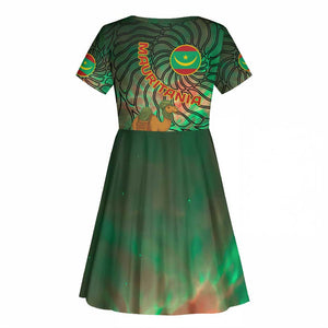 Mauritania Kid Short Sleeve Dress - Green Tie Dye Camel and Crescent Moon Flag Design