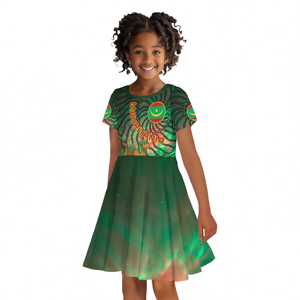 Mauritania Kid Short Sleeve Dress - Green Tie Dye Camel and Crescent Moon Flag Design