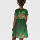 Mauritania Kid Short Sleeve Dress - Green Tie Dye Camel and Crescent Moon Flag Design