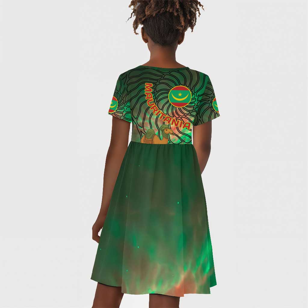 Mauritania Kid Short Sleeve Dress - Green Tie Dye Camel and Crescent Moon Flag Design