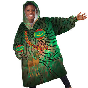 Mauritania Kid Wearable Blanket Hoodie - Green Tie Dye Camel and Crescent Moon Flag Design