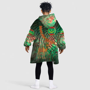 Mauritania Kid Wearable Blanket Hoodie - Green Tie Dye Camel and Crescent Moon Flag Design