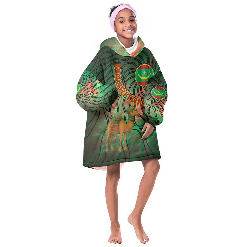 Mauritania Kid Wearable Blanket Hoodie - Green Tie Dye Camel and Crescent Moon Flag Design