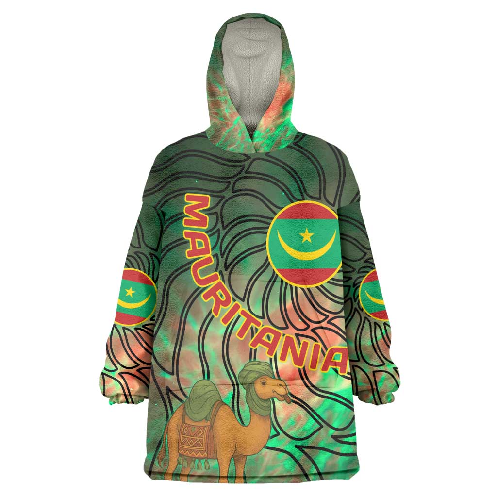 Mauritania Kid Wearable Blanket Hoodie - Green Tie Dye Camel and Crescent Moon Flag Design
