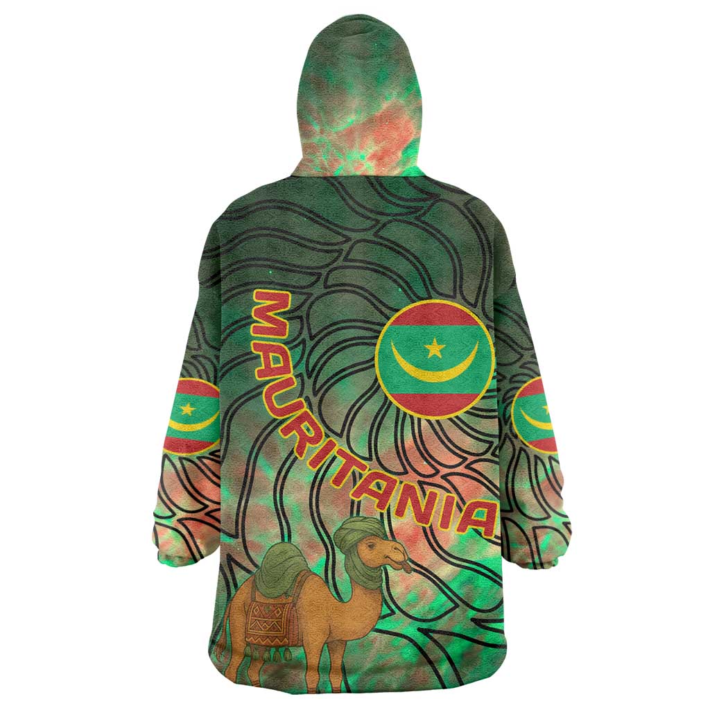 Mauritania Kid Wearable Blanket Hoodie - Green Tie Dye Camel and Crescent Moon Flag Design